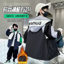 西檬鹿2023男童冬季加棉加厚派克服男孩R字连帽棉衣外套一件代发
