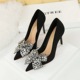 18249-H29 Style Banquet High Heels Slim Heels Shallow Mouth Pointed Satin Rhinestone Bow High Heel Single Shoes