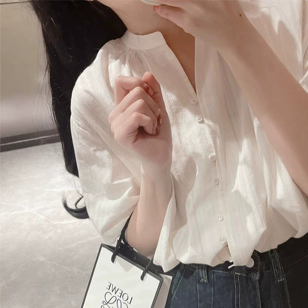 Áo sơ mi nữ tay bồng chất liệu cotton pha lanh kiểu Pháp — màu trắng chi tiết 3