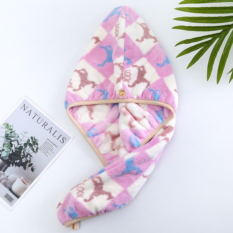 New Two-tone Coral Fleece Water-absorbent Embossed Hair Drying Towel Quick-drying Soft Shower Cap Double-layer Thickened_voghion.com