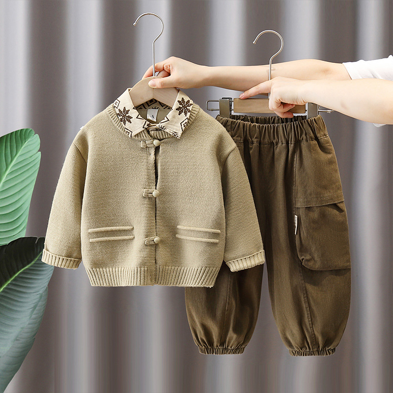 6231 Cardigan infantil 2025 primavera y otoño nuevo estilo de moda camisa de flores para niños suéter de otoño de tres piezas