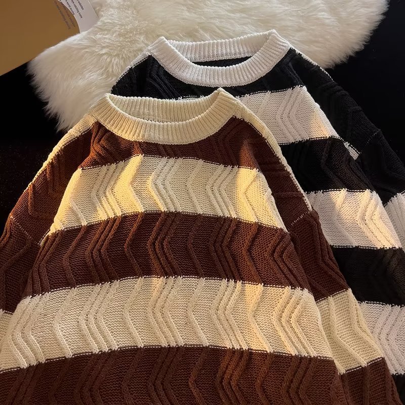 Herren Strickpullover Gestreift Retro Rundhals College Stil_voghion.com