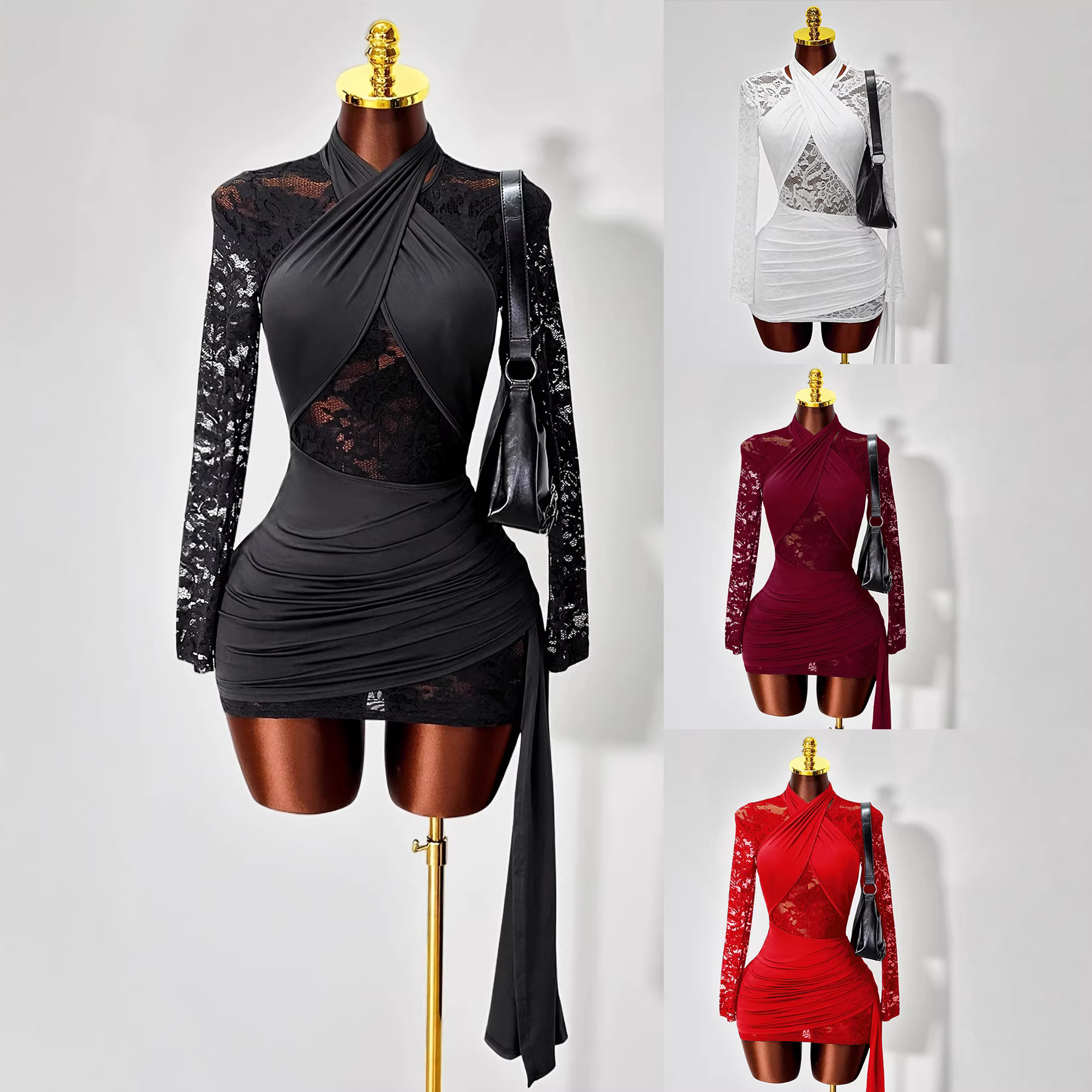 2026 Cross-Border Women's Clothing European And American Style Solid Color Half-High Collar Knit Lace Patchwork_voghion.com