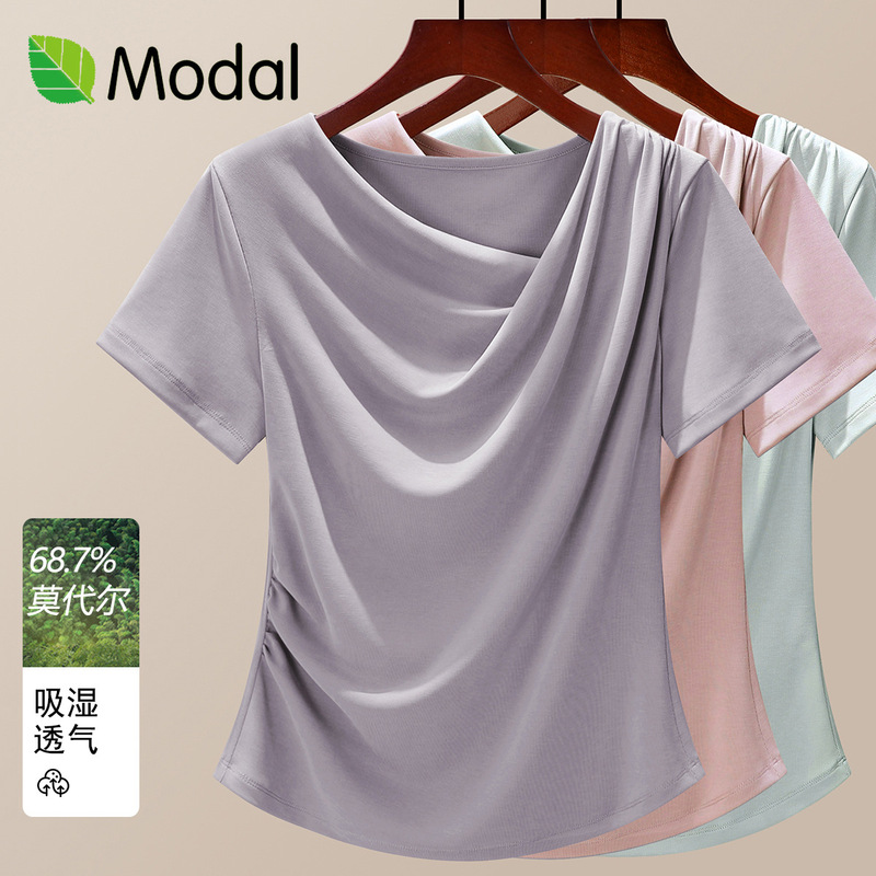 Asymmetrical V-Neck Design, Unique Style, Regular Shoulder Short-Sleeve T-Shirt for Women, 2026 New Summer Model, Pleated Slimming Top with a High-End Feel Asymmetrical V-Neck Design, Unique Style, Regular Shoulder Short-Sleeve T-Shirt for Women, 2026 New Summer Model, Pleated Slimming Top with a High-End Feel