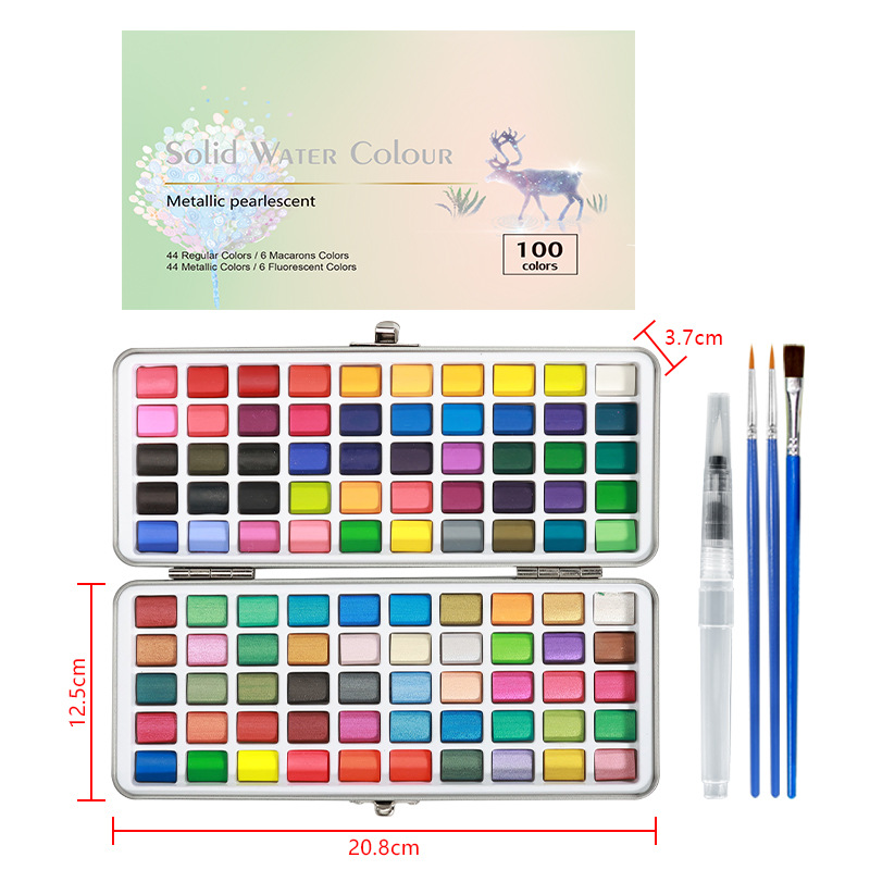 Transfronterizo 50 colores 72 colores 90 colores 100 colores sólido acuarela pintura traje de metal nacarado caja de hierro arte pintura