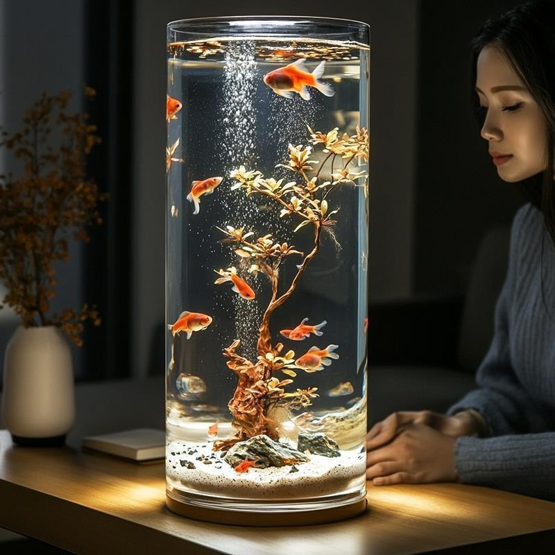 家用亚克力鱼缸透明仿玻璃金鱼缸圆形圆柱形客厅桌面小型防摔塑料|undefined