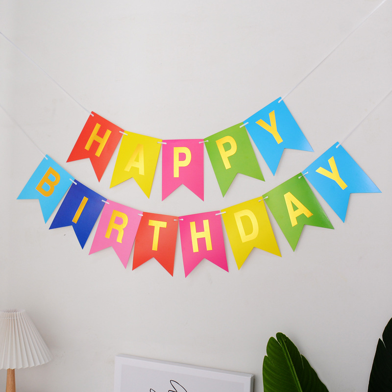 Papel de cumpleaños inglés dorado superficie brillante cola de pez tire bandera Feliz cumpleaños carta colorida bandera accesorios de decoración de fiesta