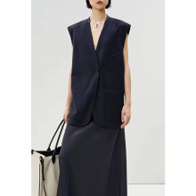 文九 廓形薄款羊毛宽肩西装马甲休闲宽松无袖V领中长款外套7834