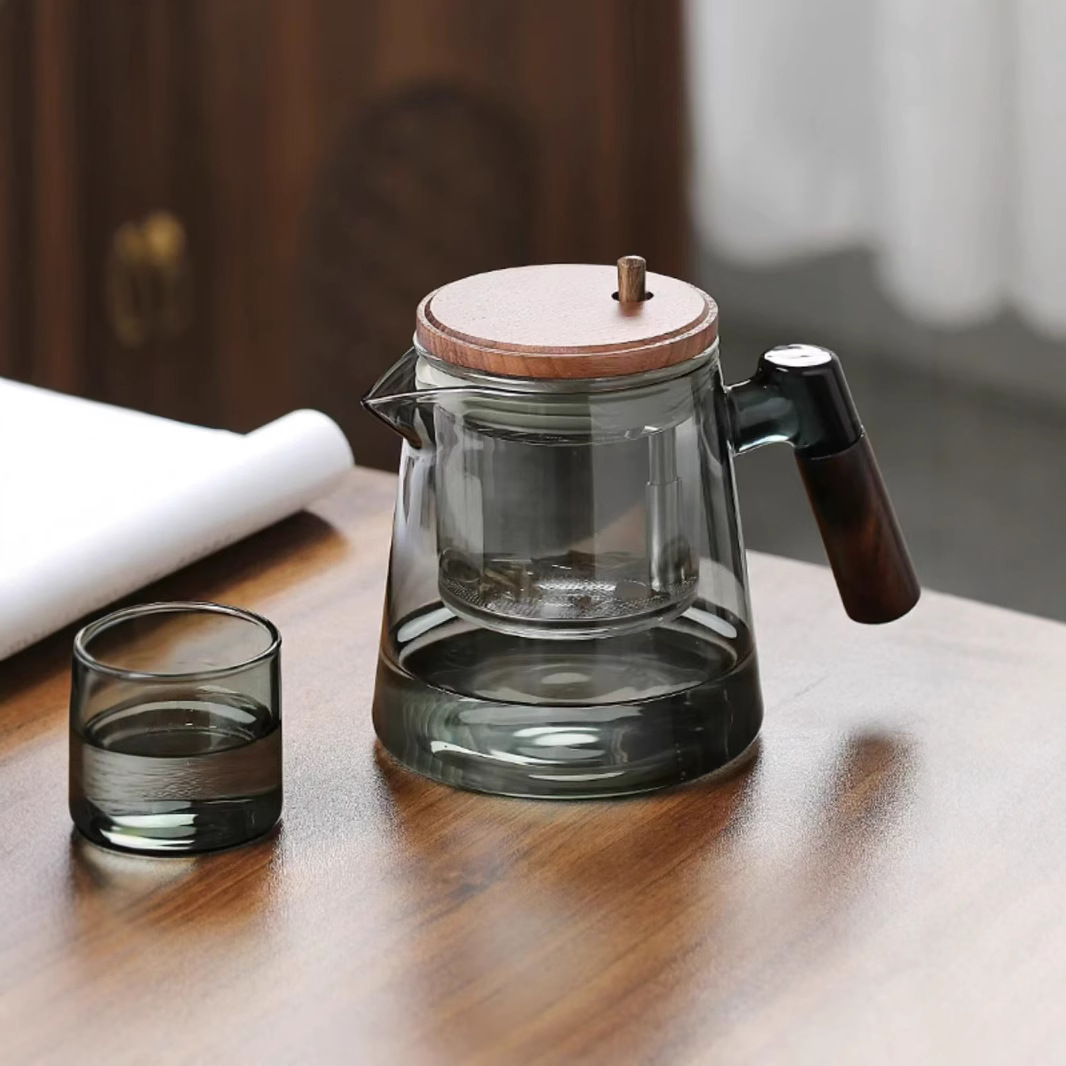 泡茶壶新款胡桃木把手玻璃内胆一键过滤茶水分离冲茶壶耐高温茶壶