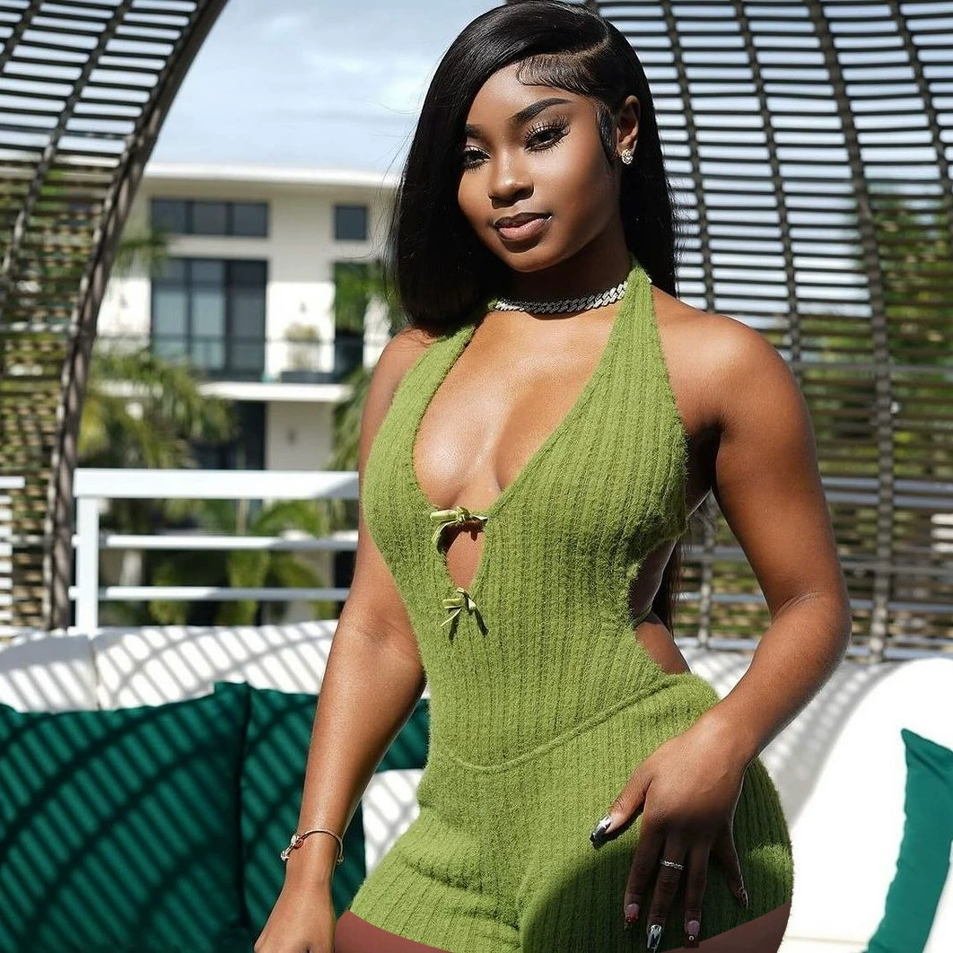 Осень и зима новая трансграничная европейская и американская внешняя торговля сплошной цвет шея с тонкой спиной сексуальная горячая девушка шорты комбинезон