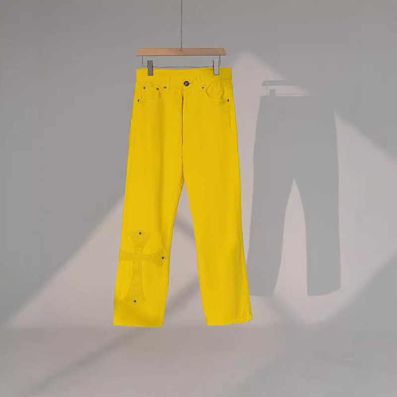 2024 New Ch Yellow Denim Jeans with Leather Cross Patch Straight-Leg Pants Celebrity Style Cross-Border
