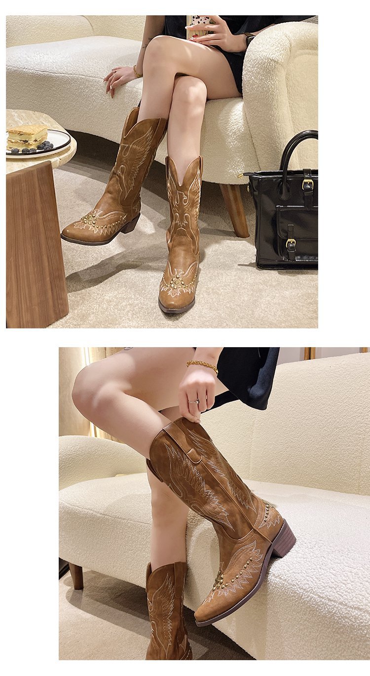 Bottes de cowboy western rétro cloutées Nouvelles bottes de chevalier brodées en V à talon épais pour femmes avec bottes mi-mollet pointues_voghion.com