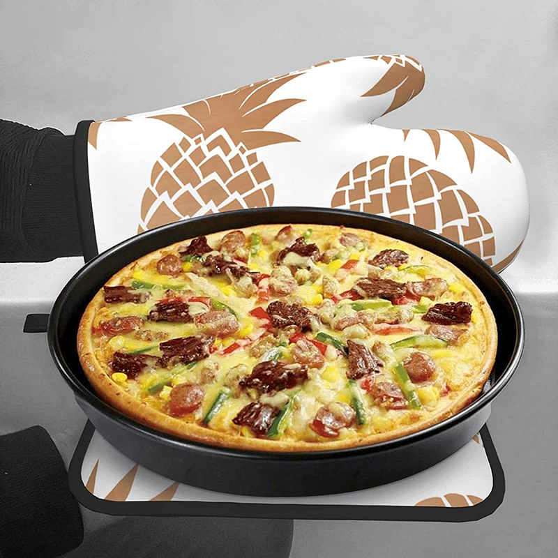 菠萝烤箱手套套装金色可爱热垫耐热可水洗烧烤烹饪烘焙手套