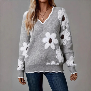 Cross-Border European and American Autumn and Winter Casual Floral Lazy Fashion Long-Sleeved Knitted Large Size Women's Sweater Extra Large Size European and American Style