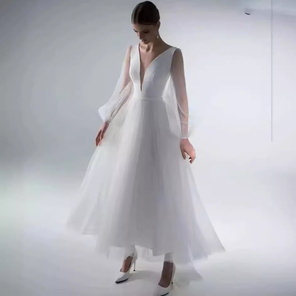 Comercio exterior europeo y americano Amazon AliExpress deseo nuevo profundo V burbuja malla manga larga MIDI vestido de novia