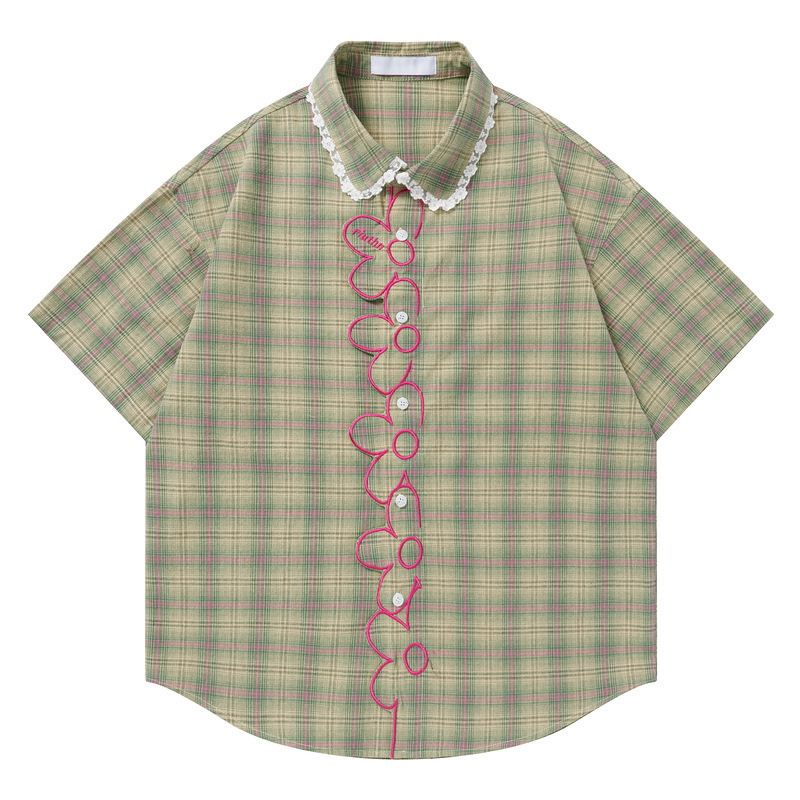 Men's Clothing American-Style Floral Embroidered Lace Green Plaid Short-Sleeved Shirt Women's Loose College-Style Half-Sleeved Shirt Men's Clothing American-Style Floral Embroidered Lace Green Plaid Short-Sleeved Shirt Women's Loose College-Style Half-Sleeved Shirt