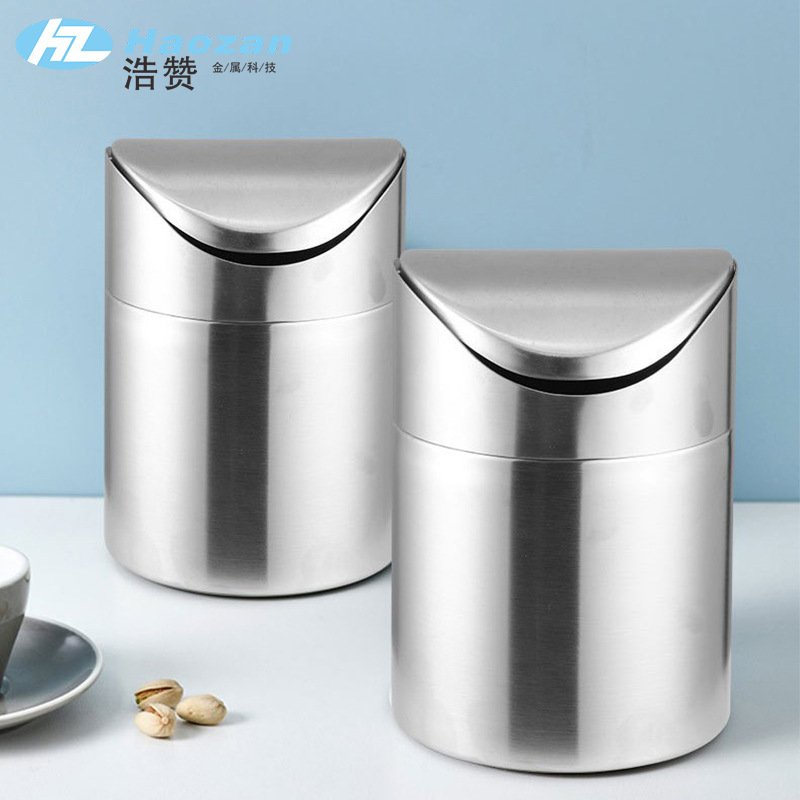 Cross-Border New 304 Stainless Steel Trash Can Small Swing Lid Desktop Mini Office Wastebasket Factory Wholesale