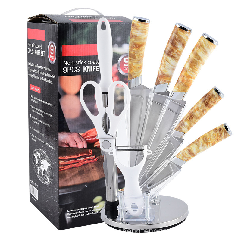 Cabeza de doble galvanoplastia cubierta por lotes mango de mármol con soporte para cuchillo cuchillo de chef cuchillo de fruta serie de utensilios de cocina