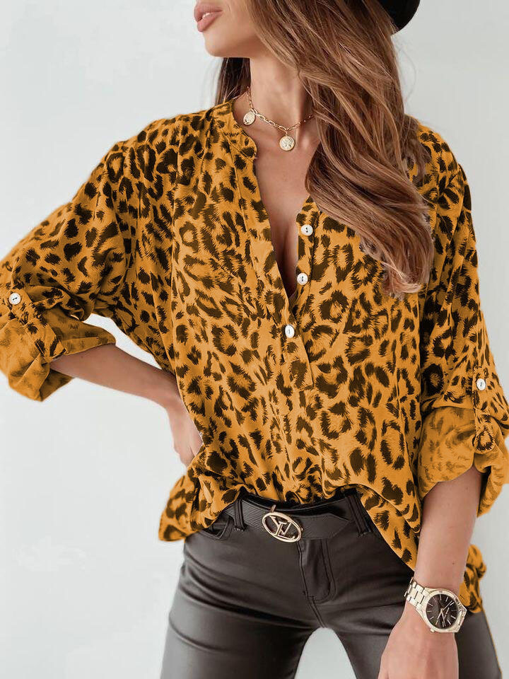 Blouse Tops Type Holiday Occasion Standing Collar Neckline Wholesale Women's Simple Style Classic Style Leopard Long Sleeve Blouses