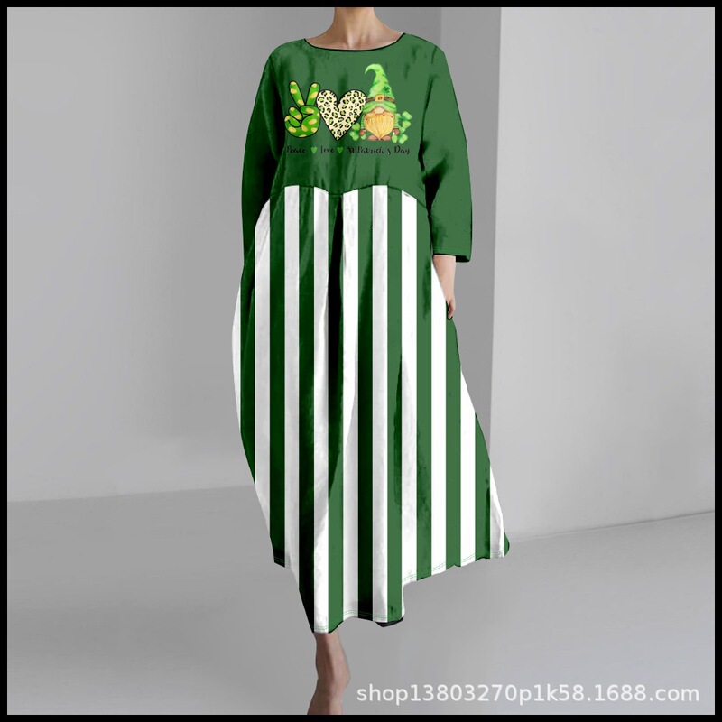 2025 Cross-Border Women's Casual Three-Quarter Sleeve Dress with St. Patrick's Theme Clover 3D Print for Summer
