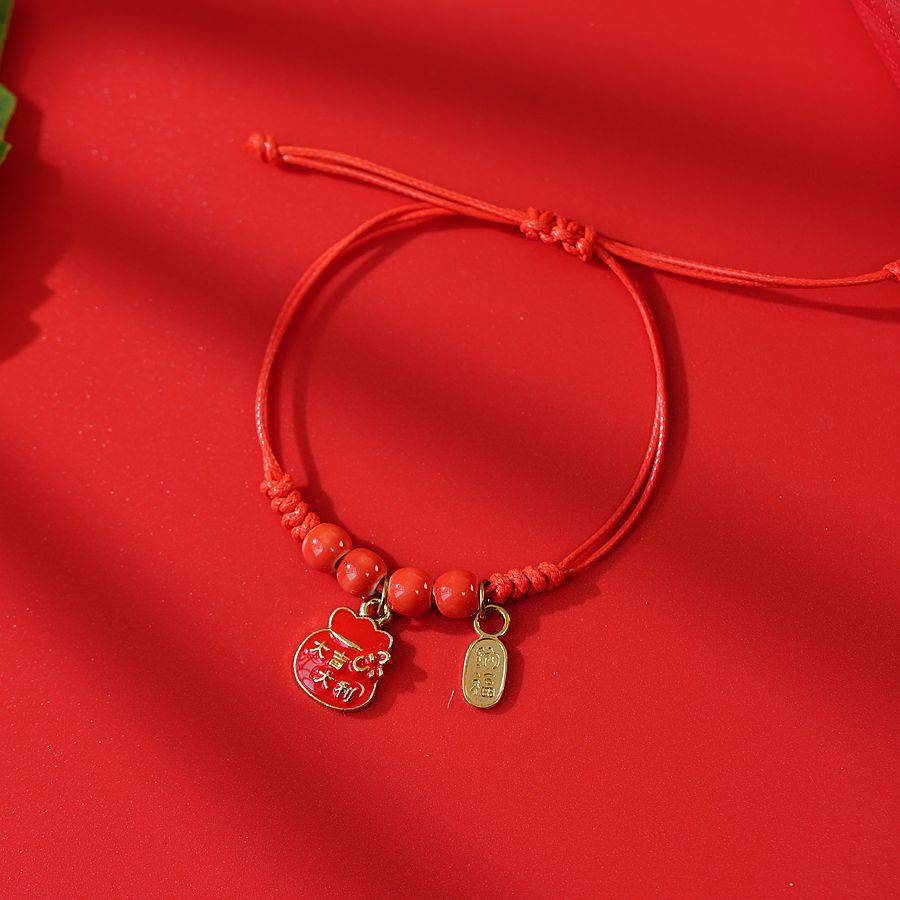 Pulsera de cuerda roja de conejo Temperamento dulce Pulsera de cuentas de cristal rojo lindo Mujer 580N Lucky One