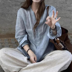 韩系蓝色翻领设计感棉麻防晒衬衫女秋季外搭叠穿长袖上衣外套薄款