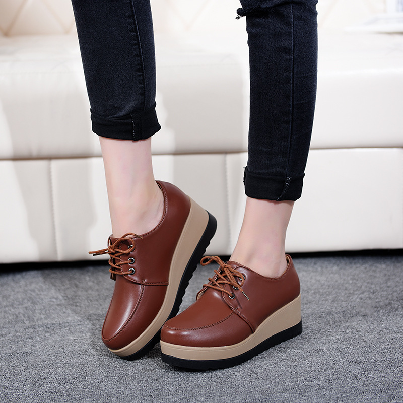 坡跟鞋2023秋冬新款真皮真皮英伦风松糕厚底百搭高跟休闲防滑单鞋