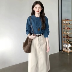 秋装多巴胺穿搭一整套微胖小个子过膝连衣裙子套装女款2025两件套
