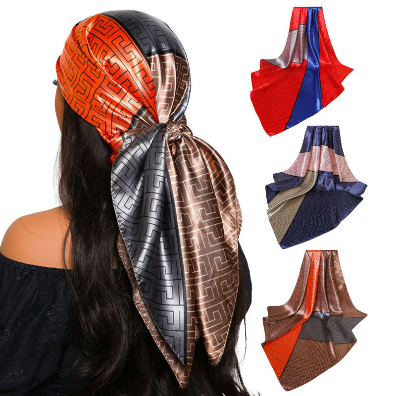 Foulard carré polyvalent en soie à motifs géométriques et color-block, châle en imitation soie, accessoire de coiffure tendance pour femmes_voghion.com