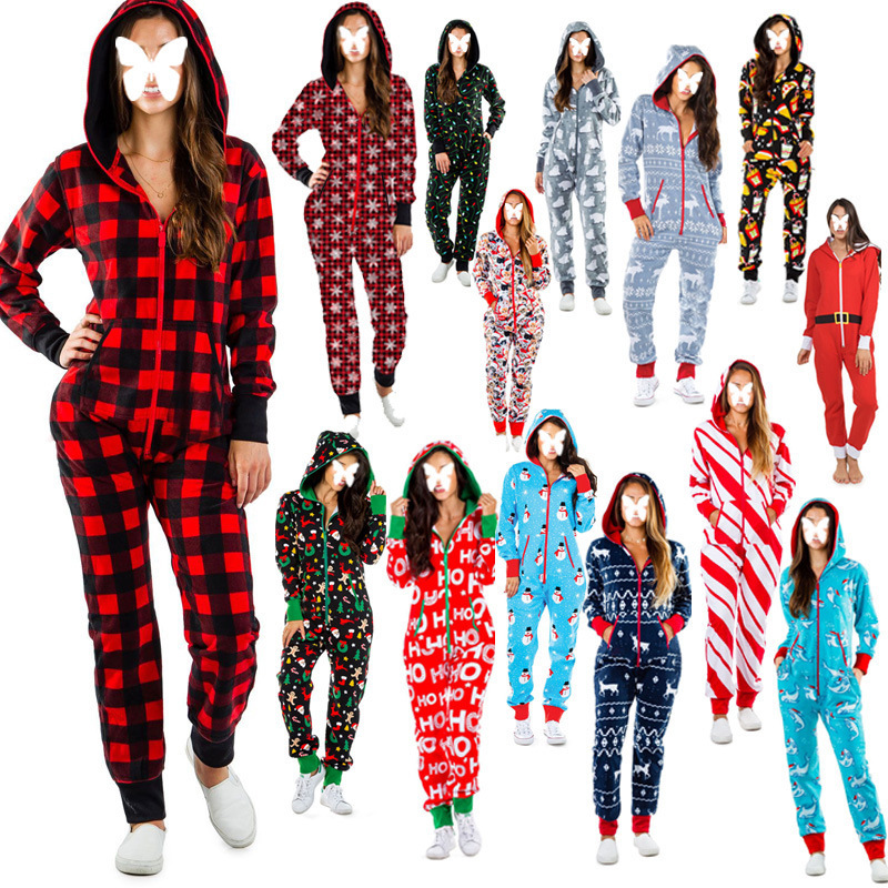Amazon Holiday Home Clothes Cross-border Hot Christmas Pajamas Hoodie Zipper Pullover Jumpsuit SU1914