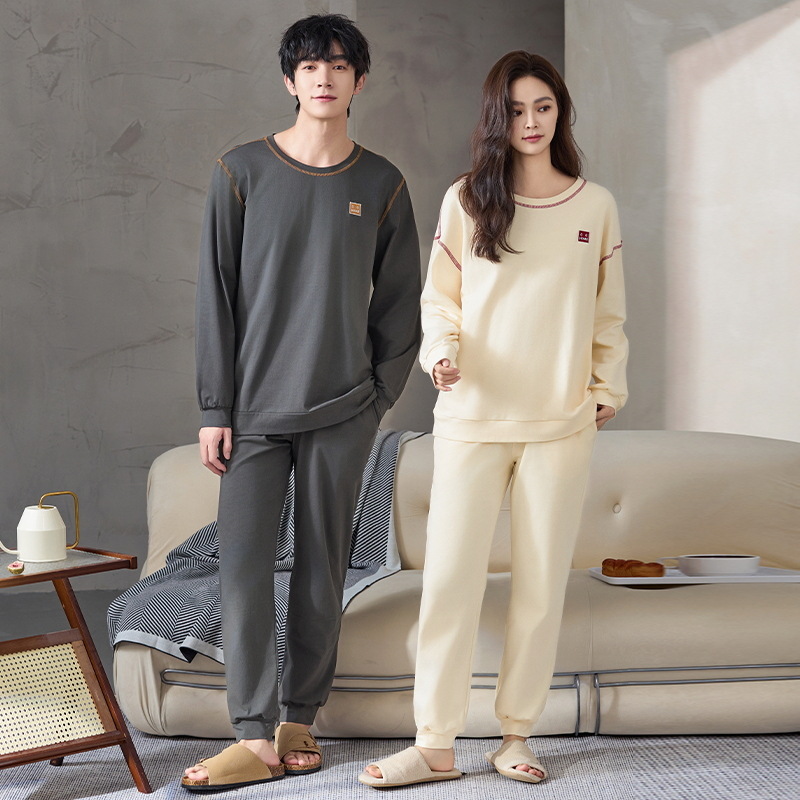 Pijamas de pareja de algodón primavera y otoño pantalones de mangas largas para hombres estriados ropa casera casual para mujeres primavera y otoño
