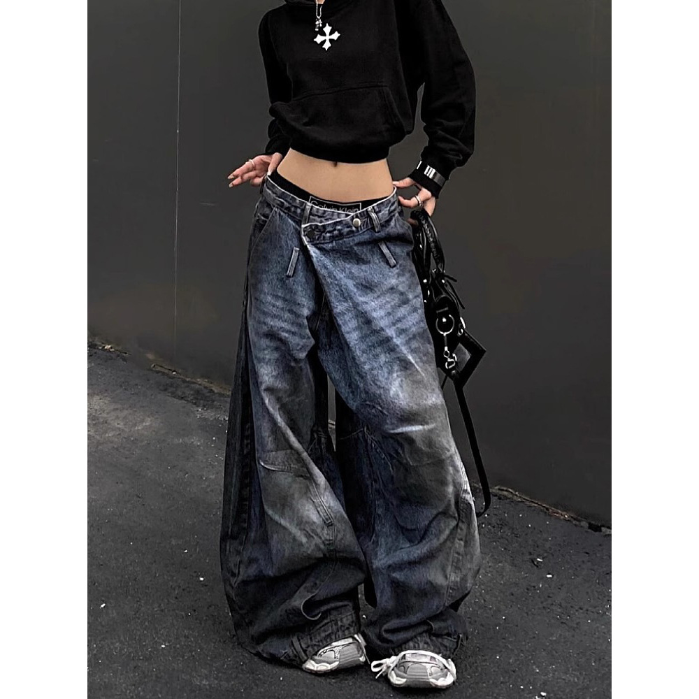 American Vibe street old jeans for women in spring and autumn new trendy design reversing waist wide-leg trousers