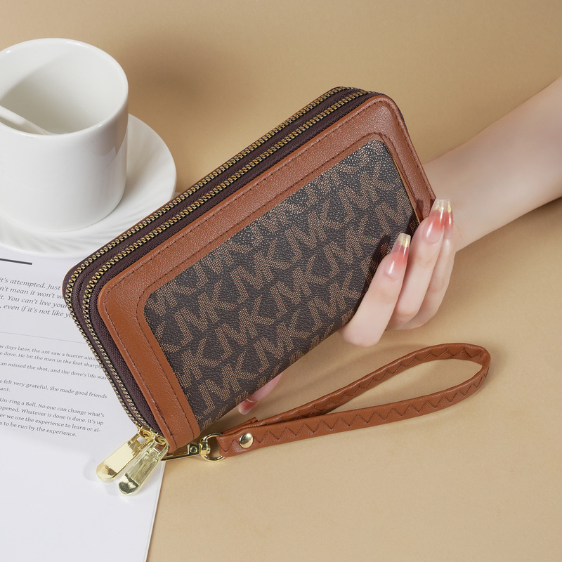 Long Wallet for Women, Double Zipper, Large Capacity, Letter Patchwork Clutch Bag, Hand-Held Storage Bag, Mobile Phone Bag, Wrist Strap