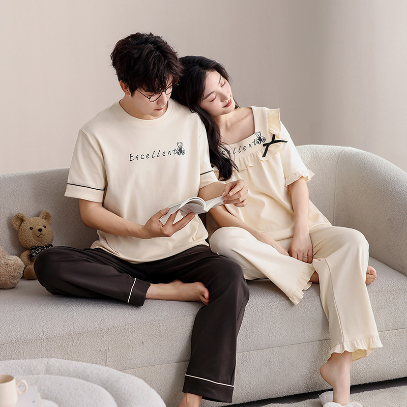 Summer Women's Cartoon Bear Short-sleeved Trousers Air-conditioned Room Pajamas Men's Crewneck Pullover Breathable Soft Cotton Home Clothes