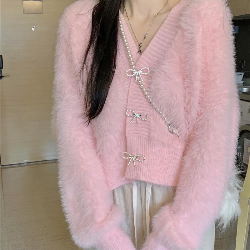 Solid Color Imitation Mink Velvet Sweater Jacket 2024 Autumn and Winter New Loose V Neck Niche Design Bow Cardigan Solid Color Imitation Mink Velvet Sweater Jacket 2024 Autumn and Winter New Loose V Neck Niche Design Bow Cardigan