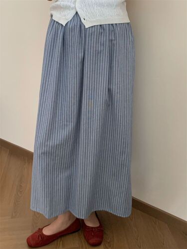Slimming High-Waisted Striped Medium-Length Semi-Skirt for Summer and Autumn, New Arrival Elastic Waist Dress, Chinese Traditional Style