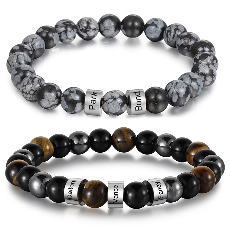 Stainless Steel Custom Name Bracelet Obsidian Snowflake Stone Custom Name Bracelet DIY Personalized Men's Father's Day