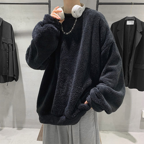 Wholesale Autumn/Winter New Plush Sweatshirt Men's Korean Style Trend Lamb Fleece Crew Neck Solid Color Couple's Thicker Warm Coat