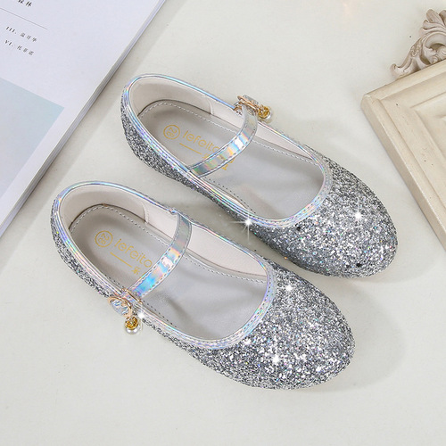 Children's Princess Shoes, Fashion Spring and Autumn Girls' Dance Host Fashion Show Gown Performance Single Shoes with Sequins Flat Shoes