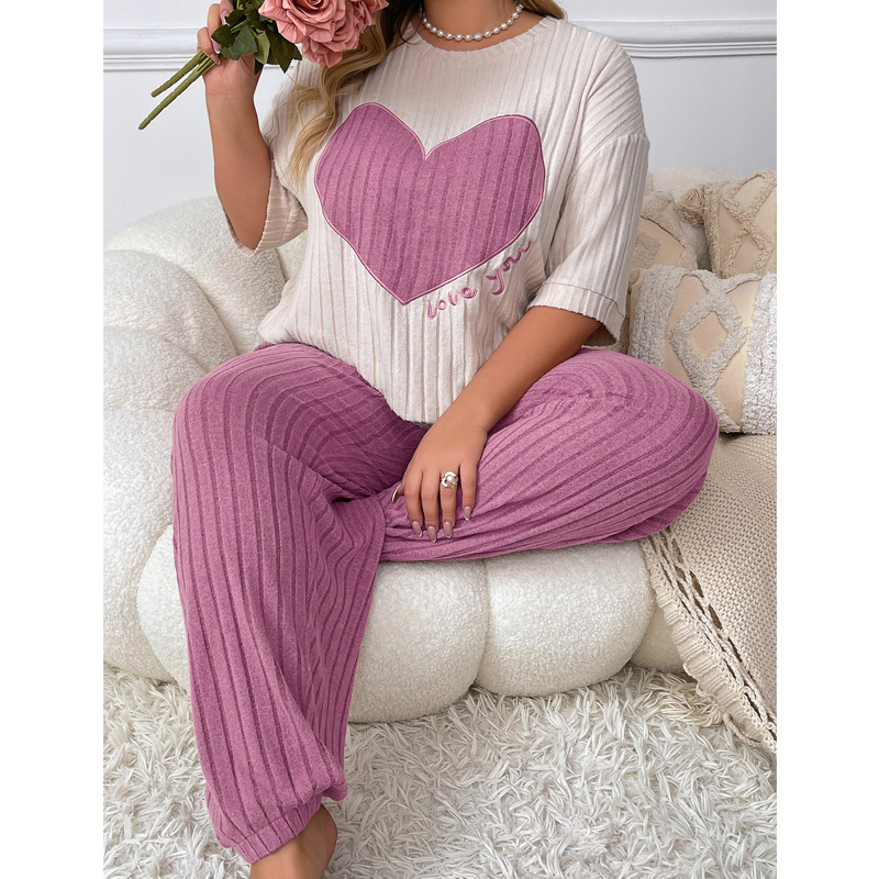 ChicShe European And American Style Round Neck Short Sleeve Long Pants Pajama Set For Women, Autumn New High-end Loose Heart_ecoleips.com