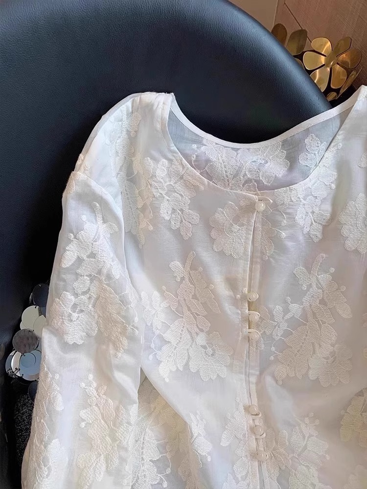 Áo sơ mi ren trắng phong cách Trung Quốc mới, dáng rộng, tay ngắn, chống nắng mỏng mùa hè — Màu mơ ([phiên bản chống nắng một lớp]) chi tiết 3