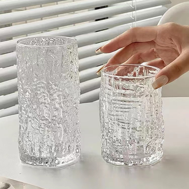 シンプルins風網赤樹皮紋金辺ジュースカップ高颜値家庭用ガラスカップビールグラス|undefined