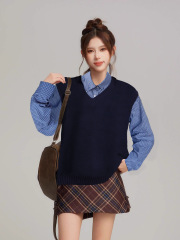藏蓝色v领针织衫马甲背心女新款叠穿衬衫毛衣无袖上衣春秋两件套