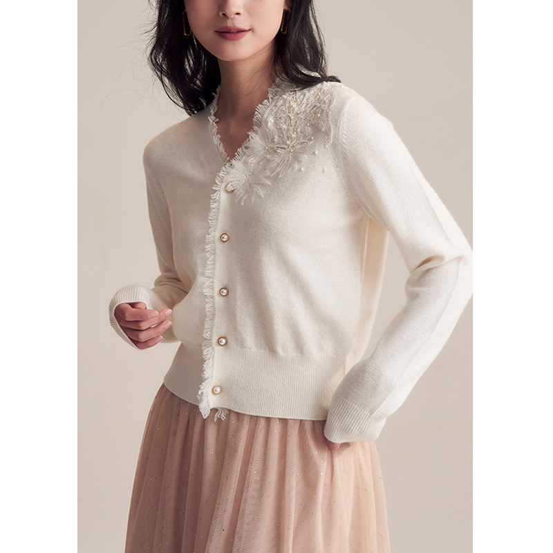Designed Lace Flower Heavy Sequin Knitted Cardigan for Women 2025 Autumn and Winter New Style Sheep Wool Cashmere Top