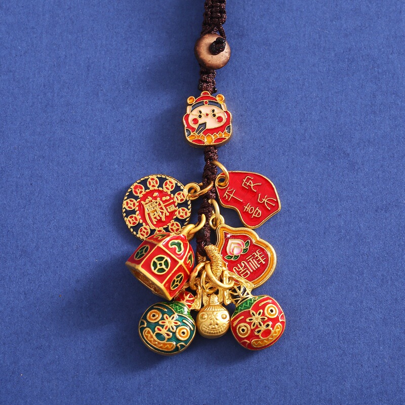 Temple God of Wealth Ancient Law Lucking Key Chain Car Key Mobile Phone Chain Pendant Gold-swallowing Beast Family of Three Four