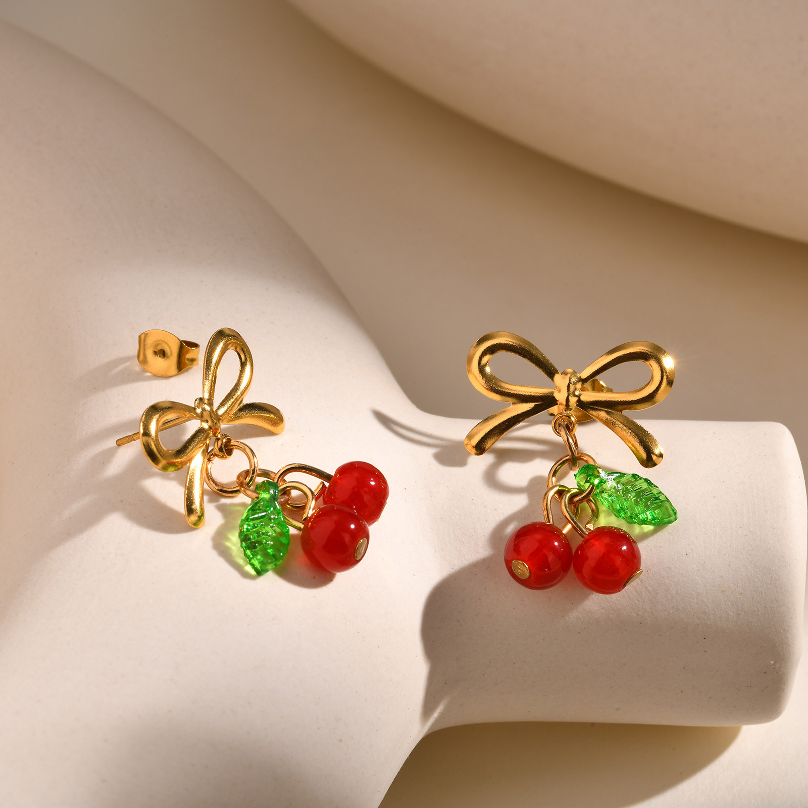Holiday, Daily Occasion 1 Pair IG Style Sweet Cherry Bow Knot Plating 304 Stainless Steel Resin Drop Earrings
