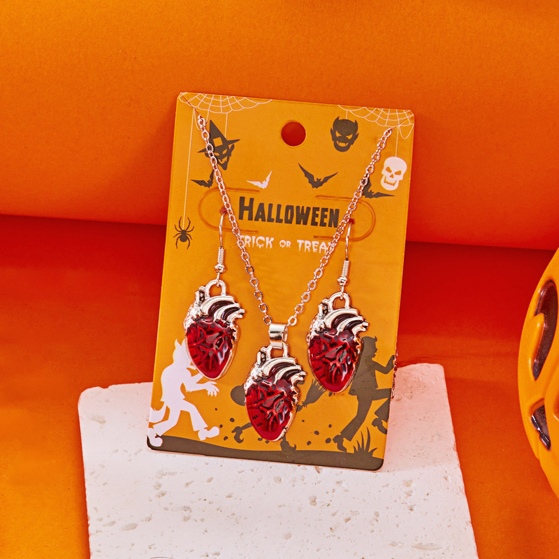 クロスボーダーヨーロッパとアメリカのハロウィン立体滴血ハートネックレスイヤリングセット多用途ゴーストハロウィンジュエリー女性卸売|undefined