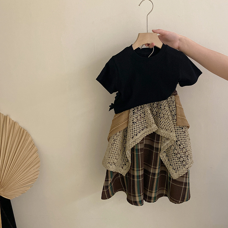 Girls' Korean-style Bow Solid Color Short-sleeved 2025 Design Niche All-match Hollow-out Plaid Trendy Skirt