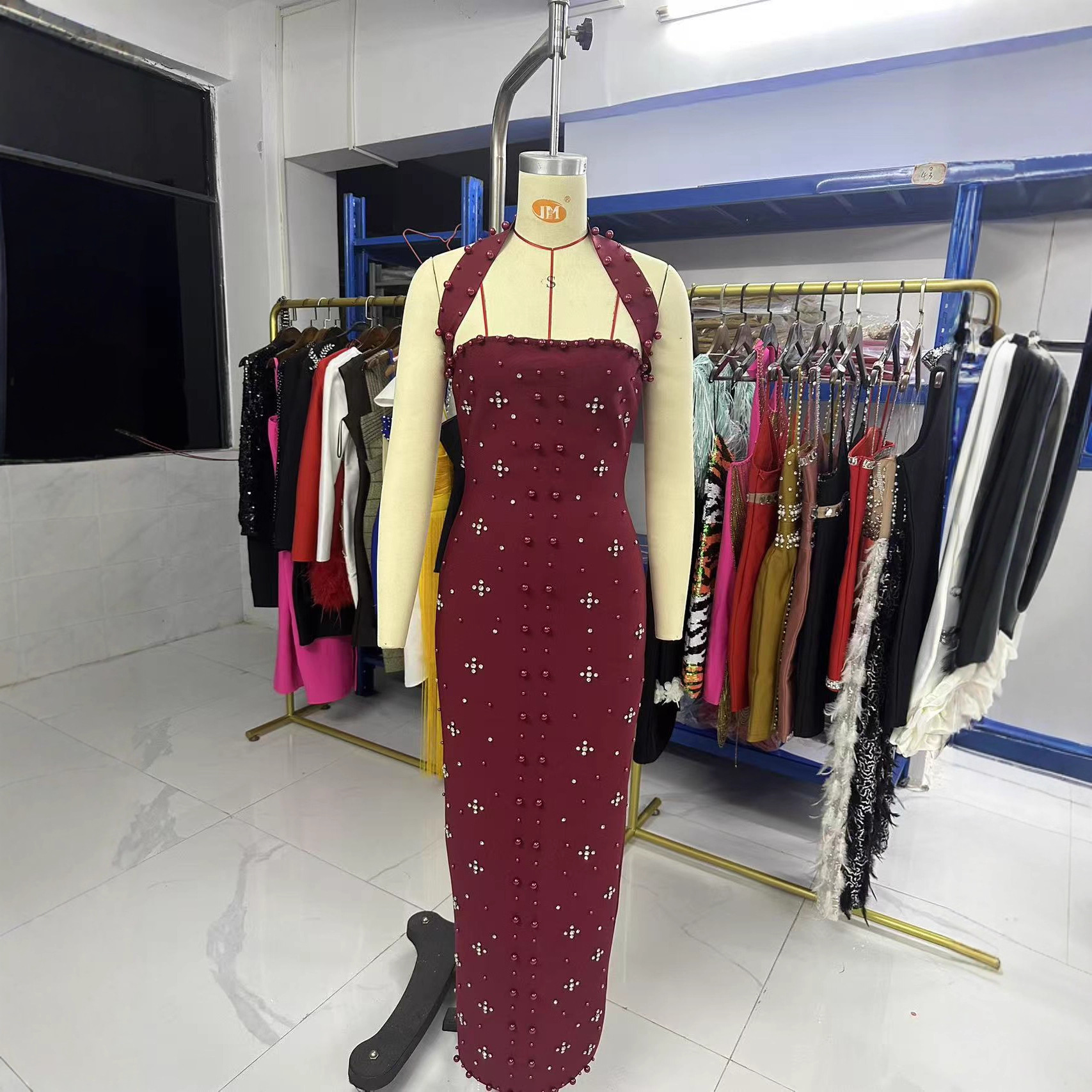 European and American Cross-Border Beaded Pearl Halterneck Bandage Dress Elegant Party Dinner Long Dress