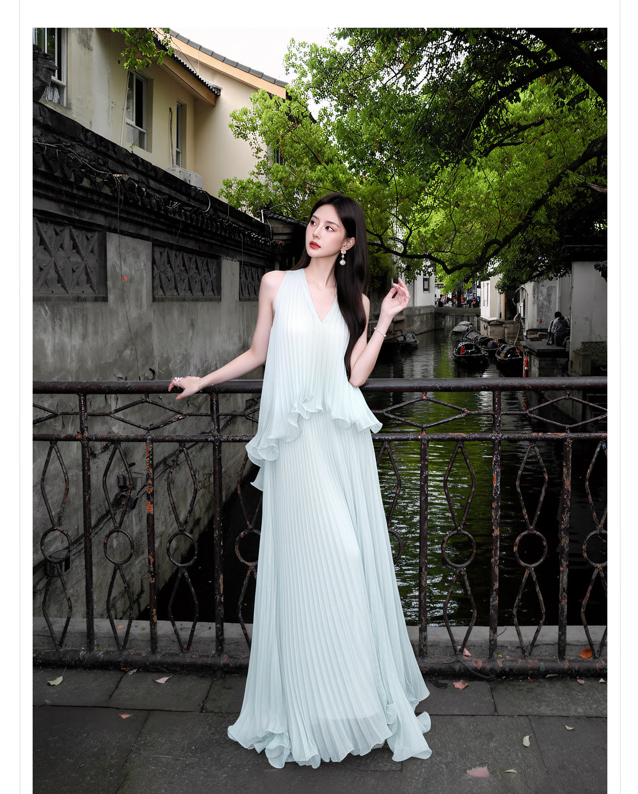 Đầm maxi nữ thắt eo voan mỏng phong cách Tân Trung Hoa mùa hè — bạc hà xanh chi tiết 8